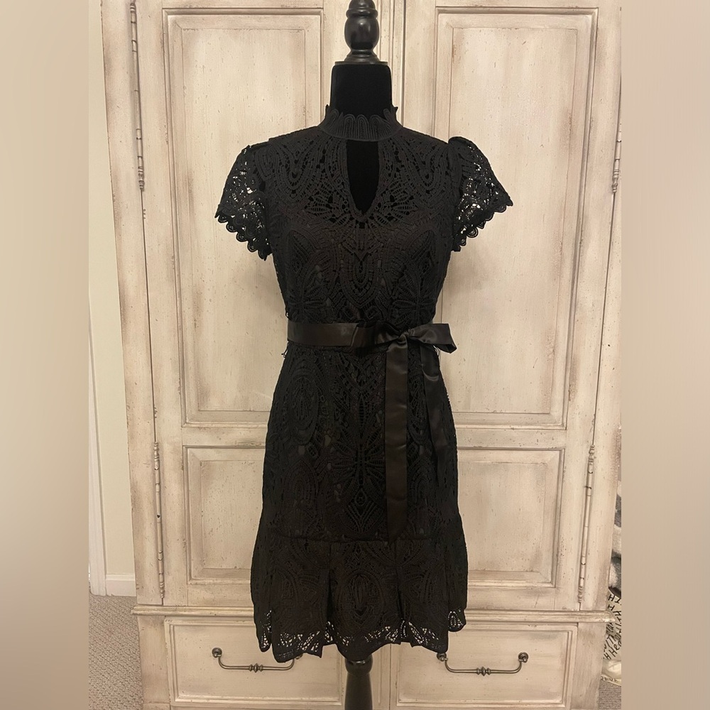 Elegant Black Lace Dress with Satin Belt
